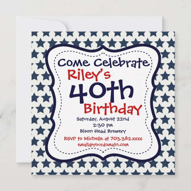 Blue and Red Stars 40th Birthday Party Invitation (Front)