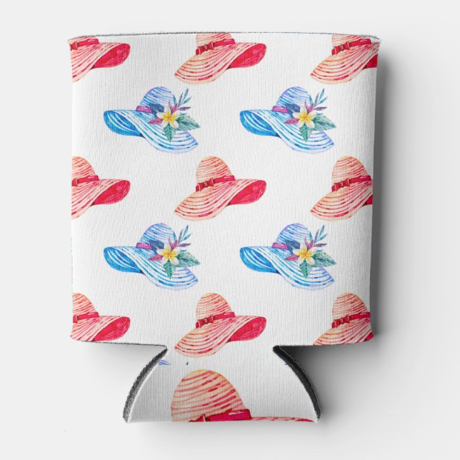 Blue And Red Summer Hats Pattern Can Cooler (Front)