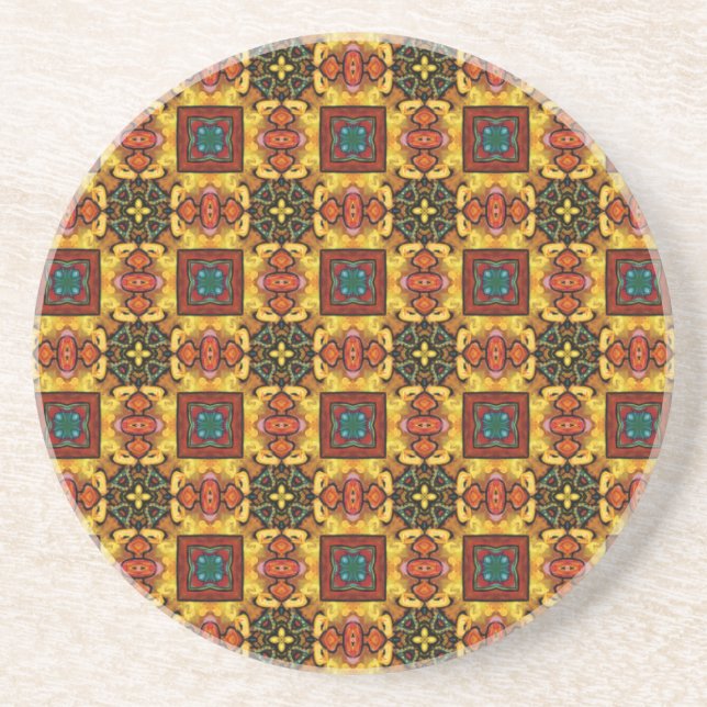 Blue and Red Tiles Oulined in Gold 2 Coaster (Front)