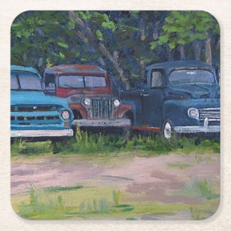 Blue and Red Vintage Trucks, Original Painting Square Paper Coaster
