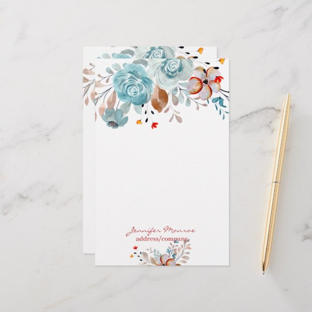 Blue and red watercolor flowers personalised stationery (Front/Back In Situ)