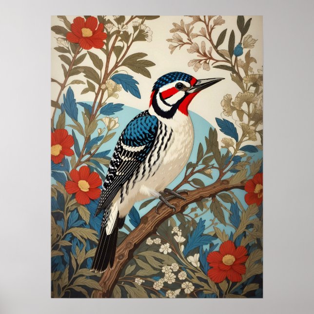 Blue And Red Woodpecker Nature Inspired Bird Poster (Front)
