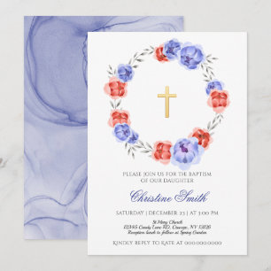 Blue And Red Wreath Floral Girl Boy Baptism Invitation