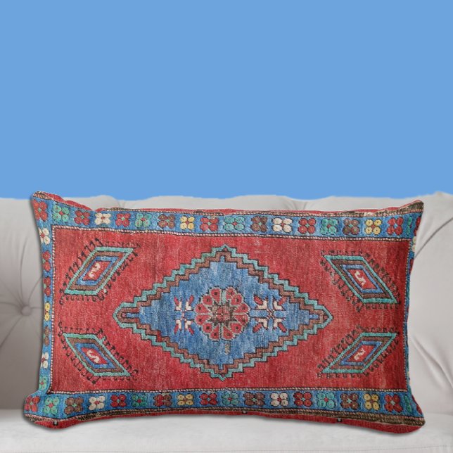 Blue and Rose Antique Turkish Oriental Rug Design Lumbar Cushion (Creator Uploaded)