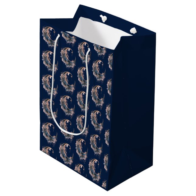 Blue and Rose Gold Crescent Moon Pattern Halloween Medium Gift Bag (Front Angled)