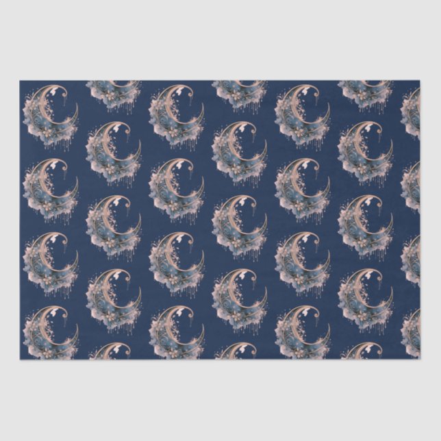 Blue and Rose Gold Crescent Moon Pattern Halloween Tissue Paper (Front)