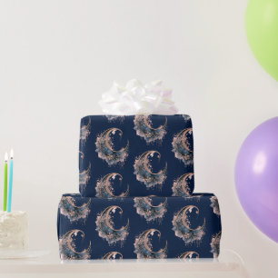 Blue and Rose Gold Crescent Moon Pattern Halloween Wrapping Paper