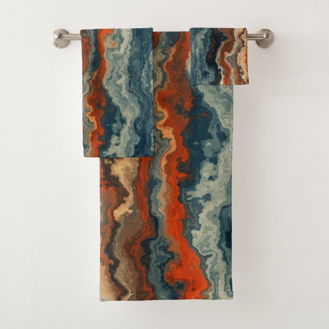 Blue and Rust Abstract Bath Towel Set (Insitu)