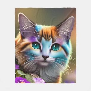 blue and rust calico cat and flowers fleece blanket