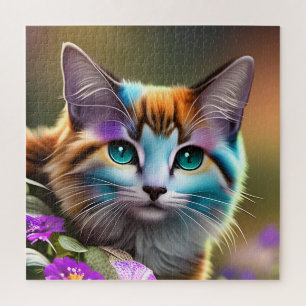 blue and rust calico cat and flowers jigsaw puzzle