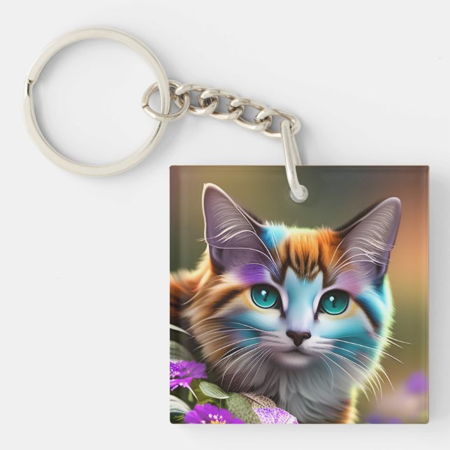 blue and rust calico cat and flowers key ring (Front)