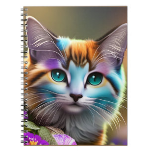 blue and rust calico cat and flowers notebook
