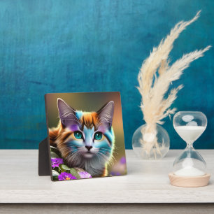 blue and rust calico cat and flowers  plaque