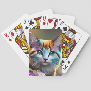 blue and rust calico cat and flowers playing cards