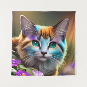 blue and rust calico cat and flowers  tapestry