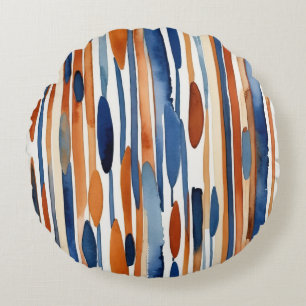 Blue and rusty orange abstract stripes round cushion