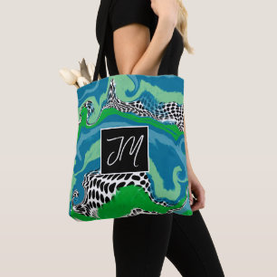 Blue and Sage Green Fluid Art Monogrammed Tote Bag
