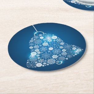 Blue and Shinning White Snowflakes Christmas Bell Round Paper Coaster
