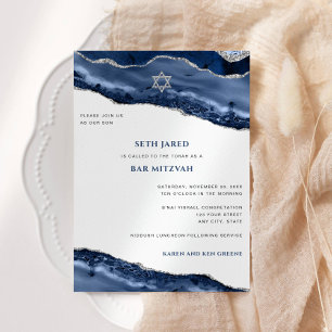 Blue and Silver Agate Border, Bar Mitzvah Invitation