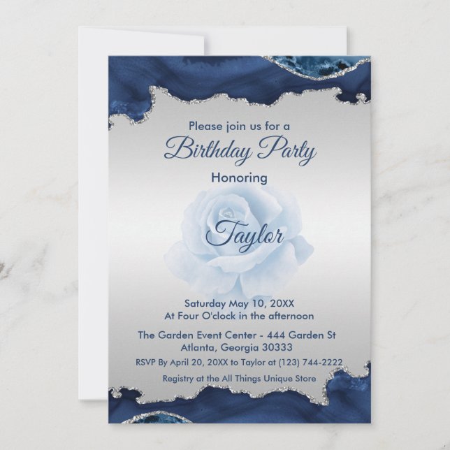 Blue and Silver Birthday Invitation (Front)