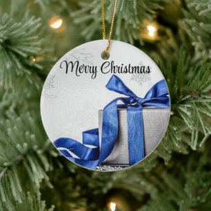 Blue and Silver Christmas Presents Ceramic Tree Decoration