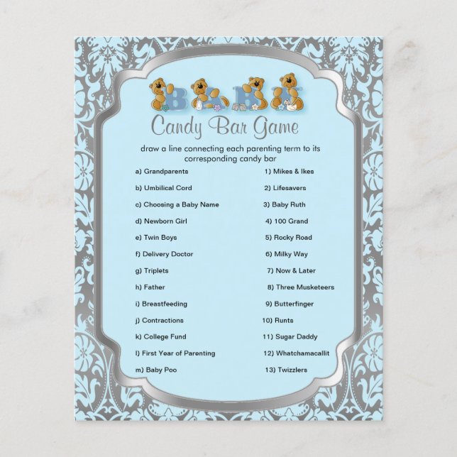 Blue and Silver Damask Teddy Bears - Candy Game Flyer (Front)