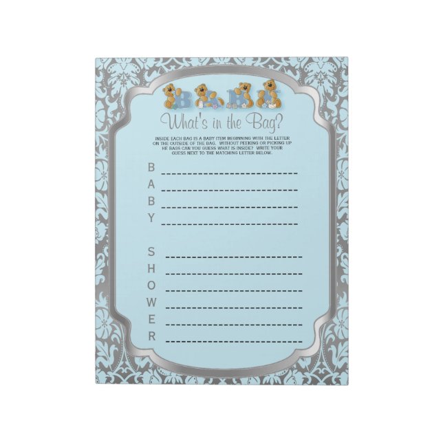 Blue and Silver Damask Teddy Bears - Game Notepad (Rotated)