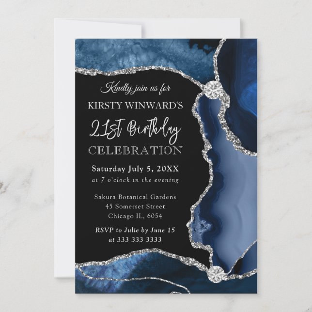 Blue and Silver Faux Glitter Agate Birthday Invitation (Front)