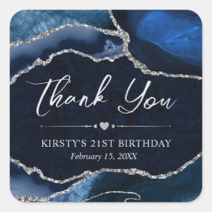 Blue and Silver Faux Glitter Agate Birthday Party Square Sticker