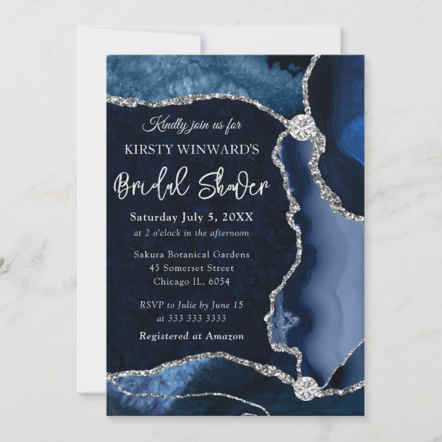 Blue and Silver Faux Glitter Agate Bridal Shower Invitation (Front)