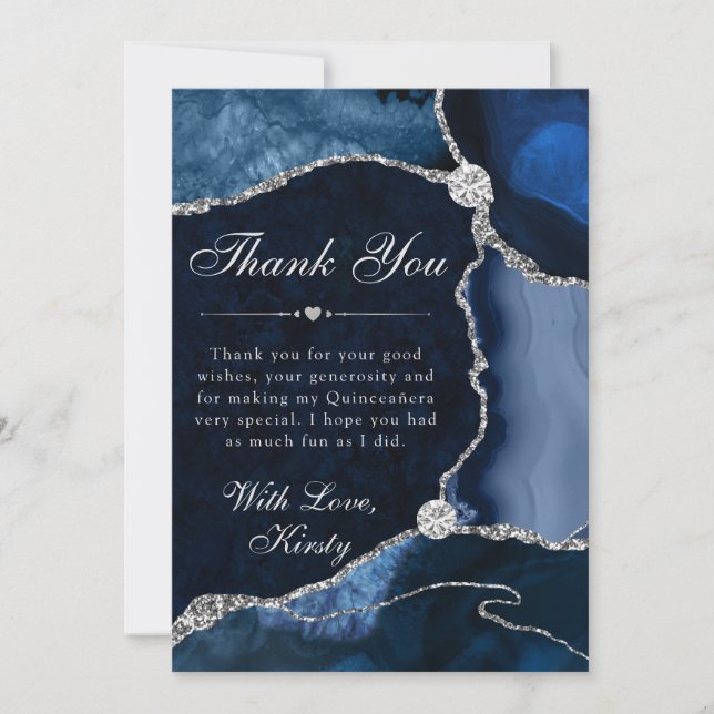 Blue and Silver Faux Glitter Agate Quinceanera Thank You Card (Front)