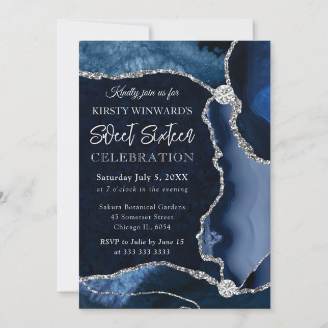 Blue and Silver Faux Glitter Agate Sweet 16 Invitation (Front)