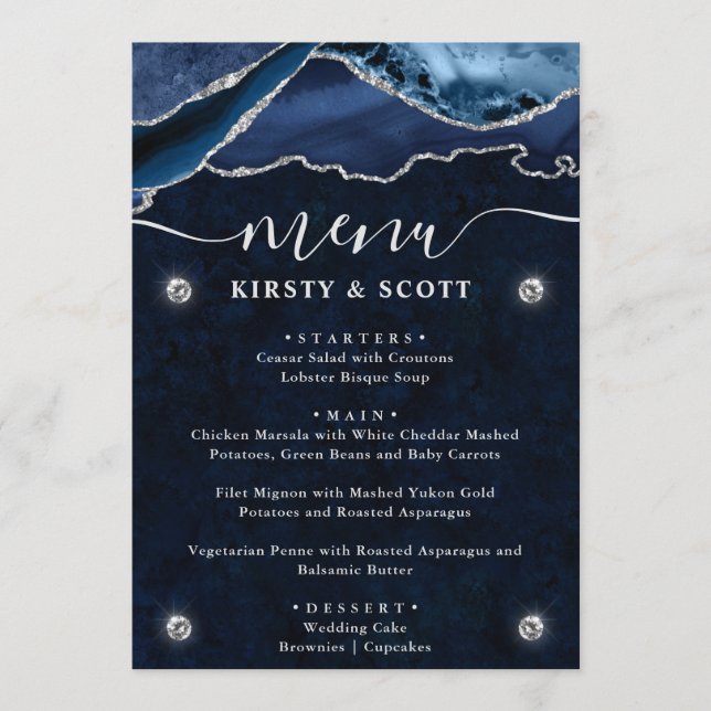 Blue and Silver Faux Glitter Agate Wedding Menu (Front)