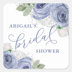 Blue and Silver Floral, Bridal Shower Favour Square Sticker