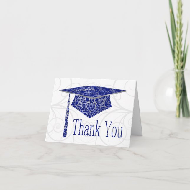 Blue and Silver Floral Cap Thank You Card (Front)