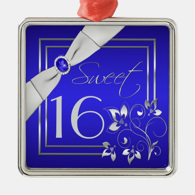 Blue and Silver Floral Sweet Sixteen Ornament (Front)