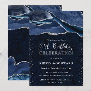 Blue and Silver Glitter Agate 21st Birthday Invitation