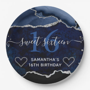 Blue and Silver Glitter Agate Marble Sweet 16 Paper Plate