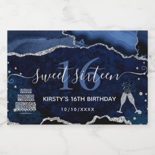 Blue and Silver Glitter Agate Marble Sweet 16 Sparkling Wine Label