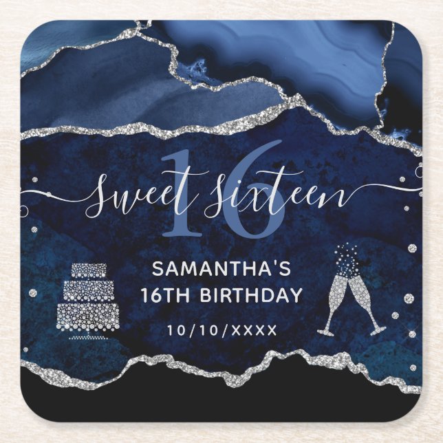 Blue and Silver Glitter Agate Marble Sweet 16 Square Paper Coaster (Front)