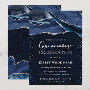 Blue and Silver Glitter Agate Quinceanera Invitation