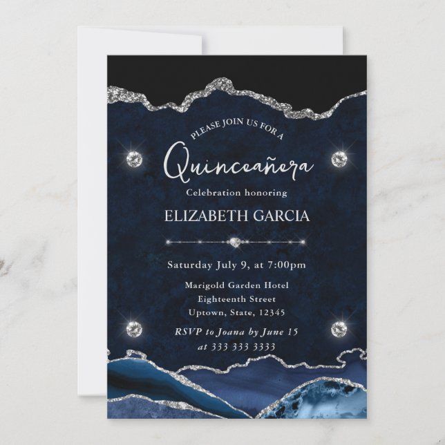 Blue and Silver Glitter Agate Quinceanera Invitation (Front)