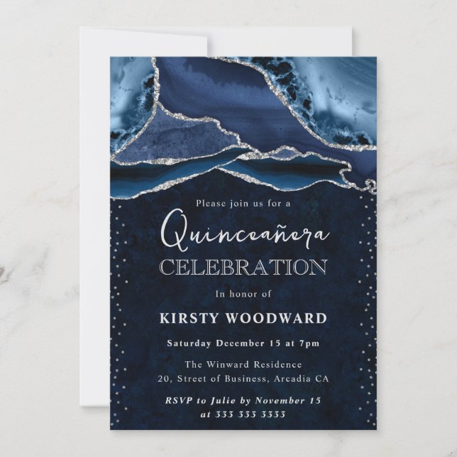 Blue and Silver Glitter Agate Quinceanera Invitation (Front)