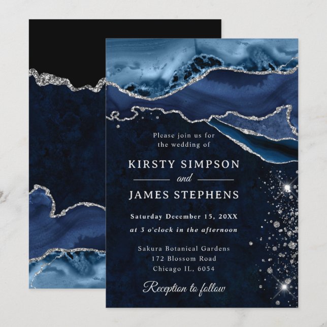 Blue and Silver Glitter Agate Wedding Invitation (Front/Back)