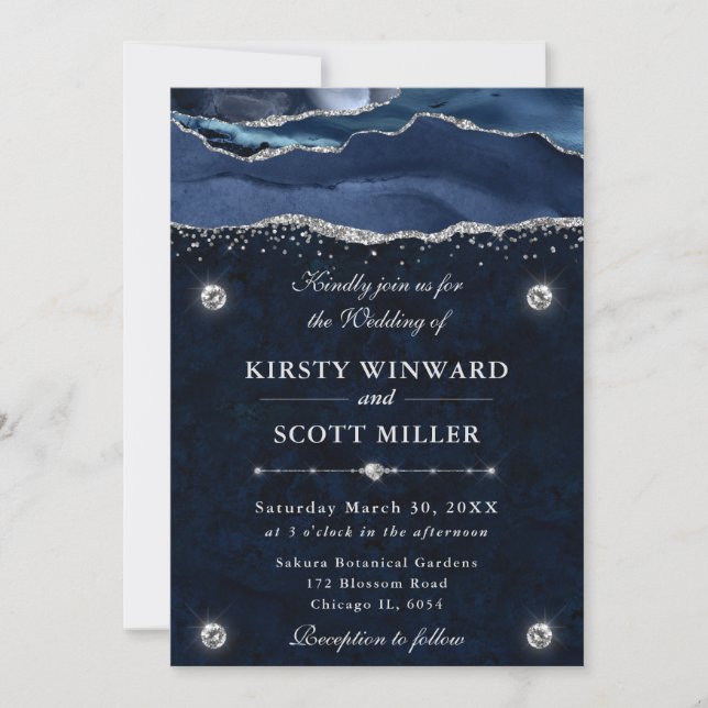 Blue and Silver Glitter Agate Wedding Invitation (Front)