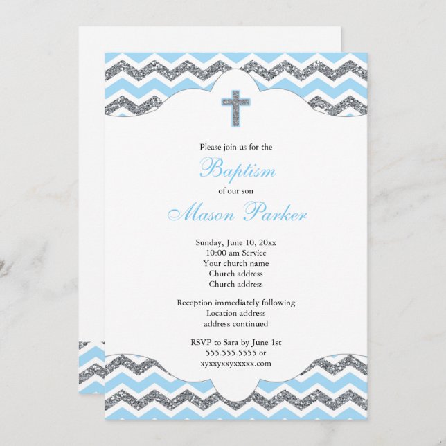 Blue and Silver Glitter Boy Baptism Christening Invitation (Front/Back)