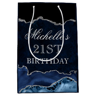Blue and Silver Glitter Marble Agate Birthday Medium Gift Bag