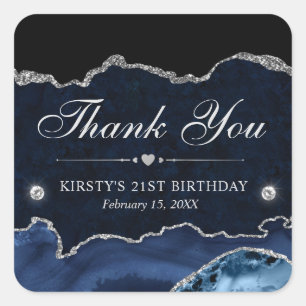 Blue and Silver Glitter Marble Birthday Party Square Sticker