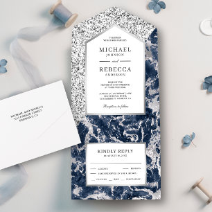 Blue and Silver Glitter Marble Wedding All In One Invitation