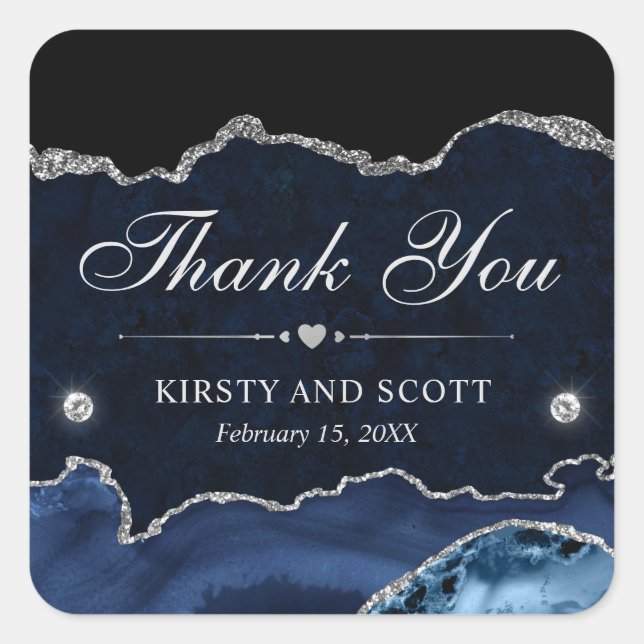 Blue and Silver Glitter Marble Wedding Square Sticker (Front)